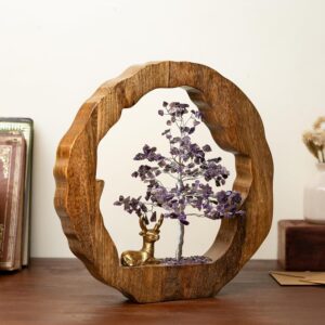 amethyst crystal tree with reindeer|handcrafted feng shui gemstone bonsai tree|chakra |handmade home decor items wealth & luck crystal tree showpiece|decorative spiritual gifts, 28 x 28 cm