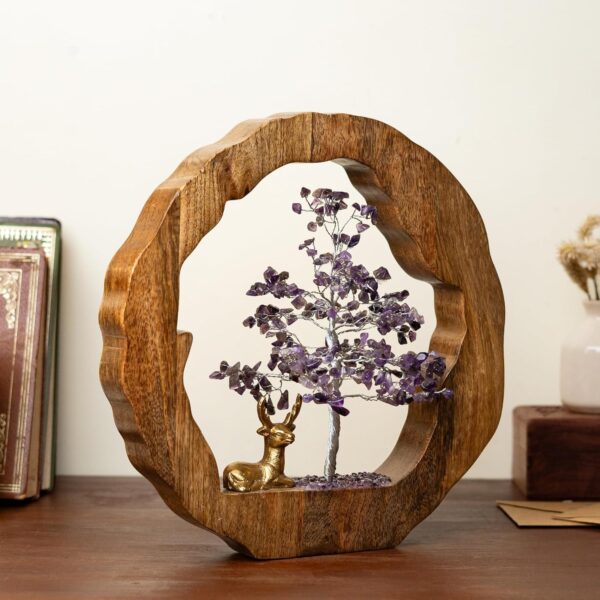 amethyst crystal tree with reindeer|handcrafted feng shui gemstone bonsai tree|chakra |handmade home decor items wealth & luck crystal tree showpiece|decorative spiritual gifts, 28 x 28 cm
