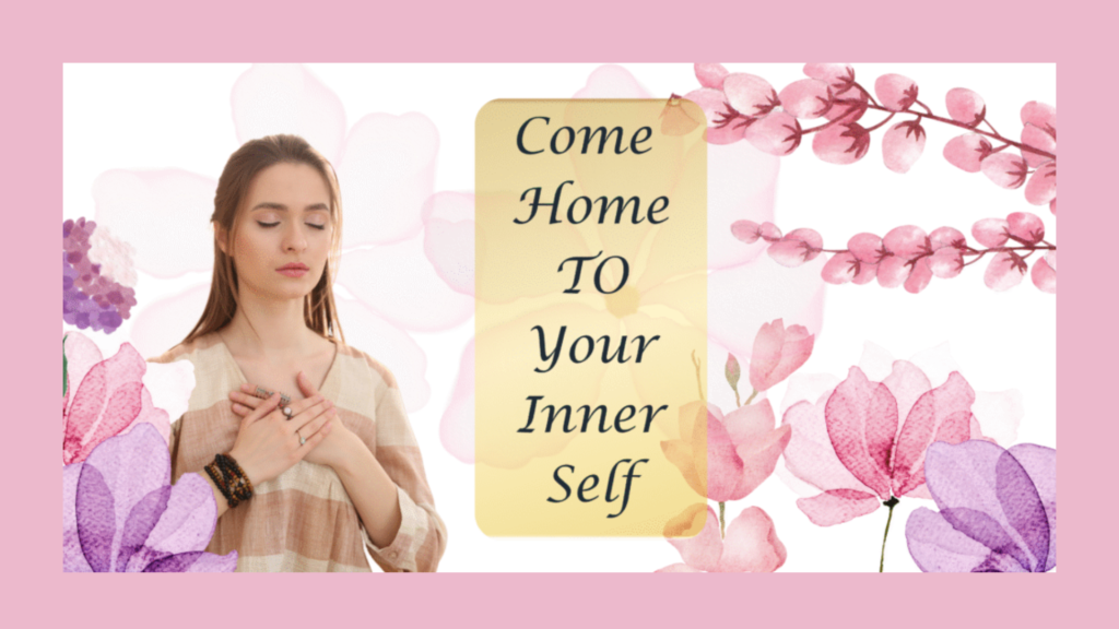 A woman with closed eyes and hands on her heart, surrounded by soft floral elements, symbolizing inner peace, self-healing, and mindfulness.