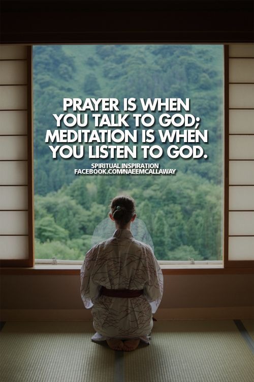 person practicing meditation and prayer in silence with spiritual quote about listening to God.
